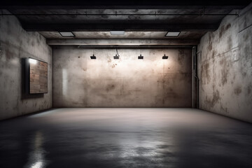 Fototapeta na wymiar Dark basement with concrete walls and reflective cement floor and spot lighting in the back wall