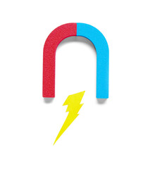 Paper lightning with horseshoe shaped magnet on white background
