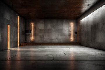 Dark basement with concrete walls and reflective cement floor and spot lighting in the back wall