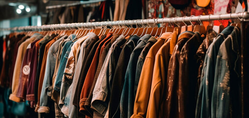 Women's winter clothing store. Jean and cotton clothes hanging on a clothes rack in a dark cozy shop. Clothes of many colors and styles. Living room with exposed brick walls and industrial style.