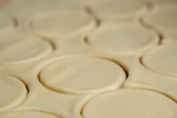 Dough with sliced circles for making variants. Food background. Dough texture. Close-up.