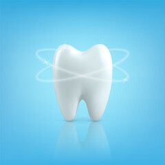 Vector 3d Realistic Tooth. Dental Inspection Banner, Plackard. Tooth Icon Closeup on Blue Background. Medical, Dentist Design Template. Dental Health Concept