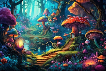 Fototapeta na wymiar Fantasy magical beauty forest. Video Game's Digital CG Artwork, Concept Illustration, Realistic Cartoon Style Background