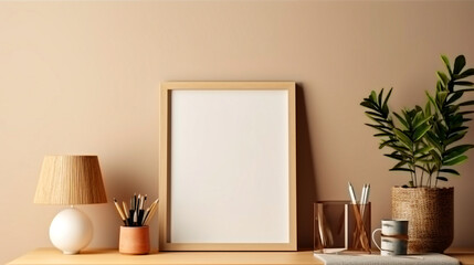 Empty wooden picture frame mockup hanging on beige wall background. Modern interior concept.