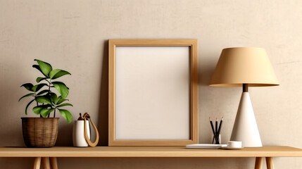 interior design, Empty wooden picture frame mockup hanging on beige wall background. Modern interior concept.