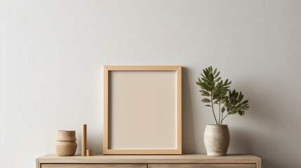interior of a room, Empty wooden picture frame mockup hanging on beige wall background. Modern interior concept.