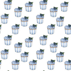 seamless pattern cupcake cake with cream and blue berries