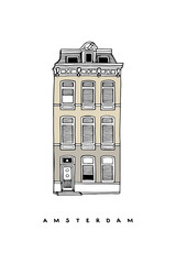 Beige three-storey house, Amsterdam, Netherlands. Hand-drawn poster, cover, postcard and banner template. Vector illustration on a white background.