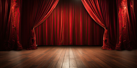 Red stage curtain on wooden floor. Generative AI