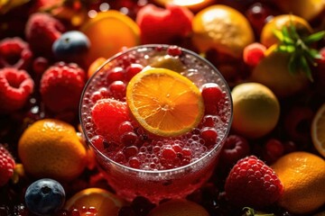 A close-up shot of a luxurious glass of fruit cocktail. Created with generative AI.