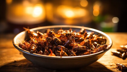 Tasty crickets for sale in bowl. Ai generated