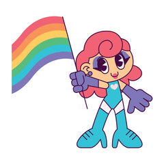Isolated cute chibi drag queen character holding a lgbt flag Vector illustration