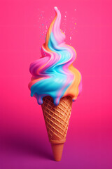Colorful and vibrant 3d inspired illustration of delicious ice cream in a cone