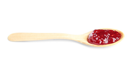 Wooden spoon with sweet jam on white background