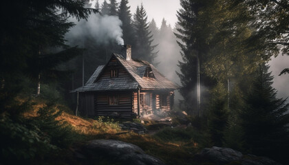 Fototapeta na wymiar Tranquil scene of an old log cabin in the mountain forest generated by AI