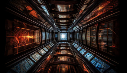 Inside the modern library, futuristic bookshelves illuminate ancient literature generated by AI