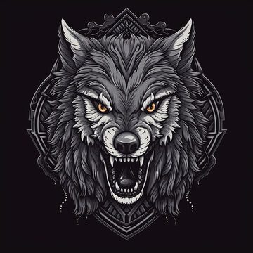 Angry wolf face head glowing logo wild animal picture AI Generated image