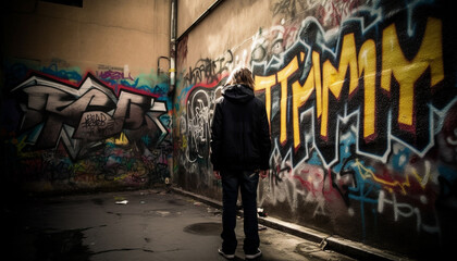 A young adult in hooded shirt spraying graffiti on wall generated by AI