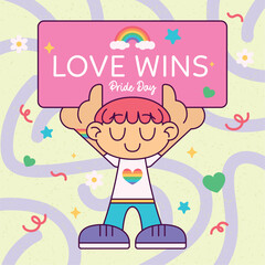 Isolated cute chibi character with love wins poster Pride month Vector illustration