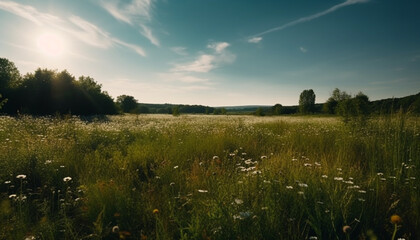 Sunrise over idyllic meadow, fresh wildflowers blossom in springtime generated by AI