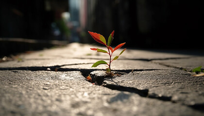 New life sprouts from damaged sidewalk, symbol of organic development generated by AI