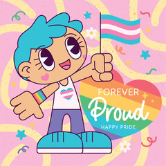 Isolated cute homosexual chibi character holding a flag Proud month Vector illustration