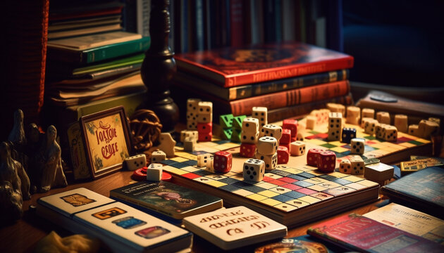Antique dominoes stack on old bookshelf, a successful collection generated by AI