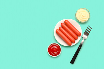 Plate with tasty thin sausages and sauces on blue background