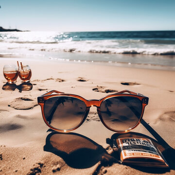 High Quality Sunglasses, Sunny Summer Beach Background, AI-Generated Image	