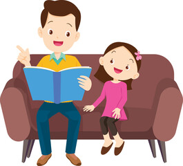 cute family sitting on sofa reading a book together