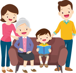 cute family sitting on sofa reading a book together