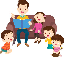cute family sitting on sofa reading a book together