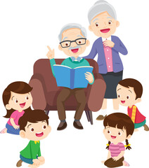 cute family sitting on sofa reading a book together