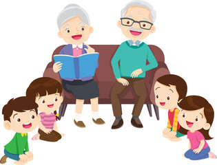 cute family sitting on sofa reading a book together