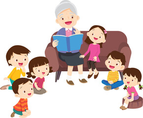 cute family sitting on sofa reading a book together