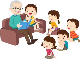 cute family sitting on sofa reading a book together