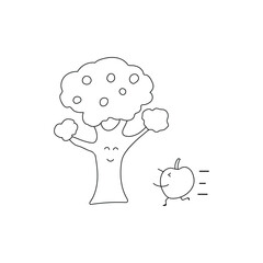 Hand drawn Kids drawing style cute an apple run through a tree a cartoon style