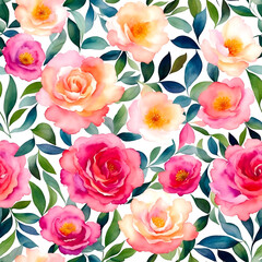 Watercolor Floral Seamless Pattern Pink and Soft Yellow Roses with Green Leaves on White. Wallpaper Design for Textiles, Interior, Clothes, Wedding Invitations, Postcards, Greetings. AI Generated