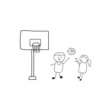 Hand drawn Kids drawing style cute kids playing basketball in a cartoon style