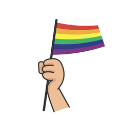 Hand holding lgbt rainbow flag. Cartoon arm doodle holding Pride symbol. Gender diversity representation.