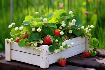 Fresh organic strawberries in a white wood basket. Generative AI