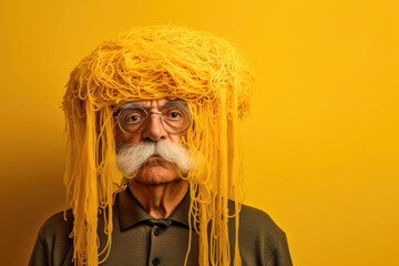 Senior man with mustache and with spaghetti on the head. AI generative art