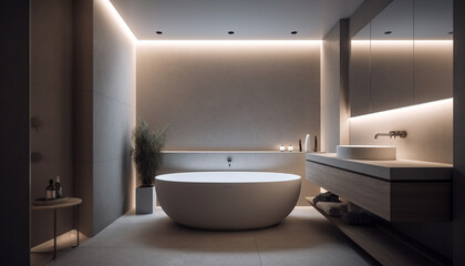 Naklejka na ściany i meble Modern elegance in domestic bathroom marble, wood, and glass fixtures generated by AI