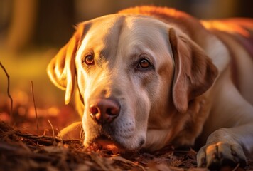 Un chien Labrador est couché sur le côté dans la forêt, dans le style des traits faciaux distincts, or clair et ambre clair, intensité du gros plan,
