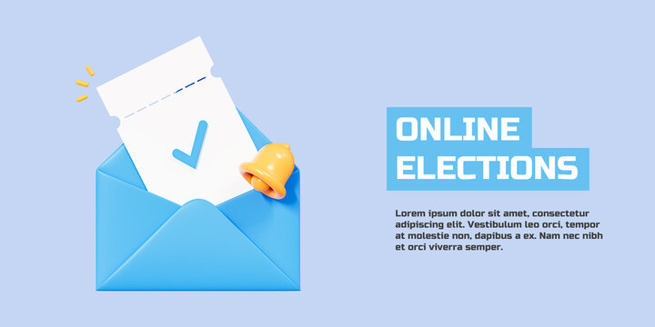 3D Blue envelope inside which tickets with checkmark. Bell notification. Online voting in elections. Banner with text. Cartoon creative design illustration isolated on blue background. 3D Rendering