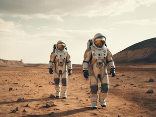 Two Astronauts in SpaceSuits exploring unknown planet created with Generative AI technology.