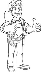 A gardener, handyman or farmer cartoon caretaker contractor man holding a garden spade tool. Giving a thumbs up