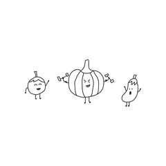 Kids drawing style funny vegetables workout isolates in a cartoon style 