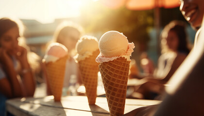 Young adults enjoying refreshing ice cream cones in the summer sun generated by AI