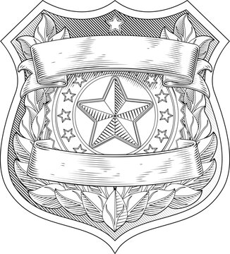 A police shield star sheriff cop badge or military security crest emblem motif in a vintage woodcut style.